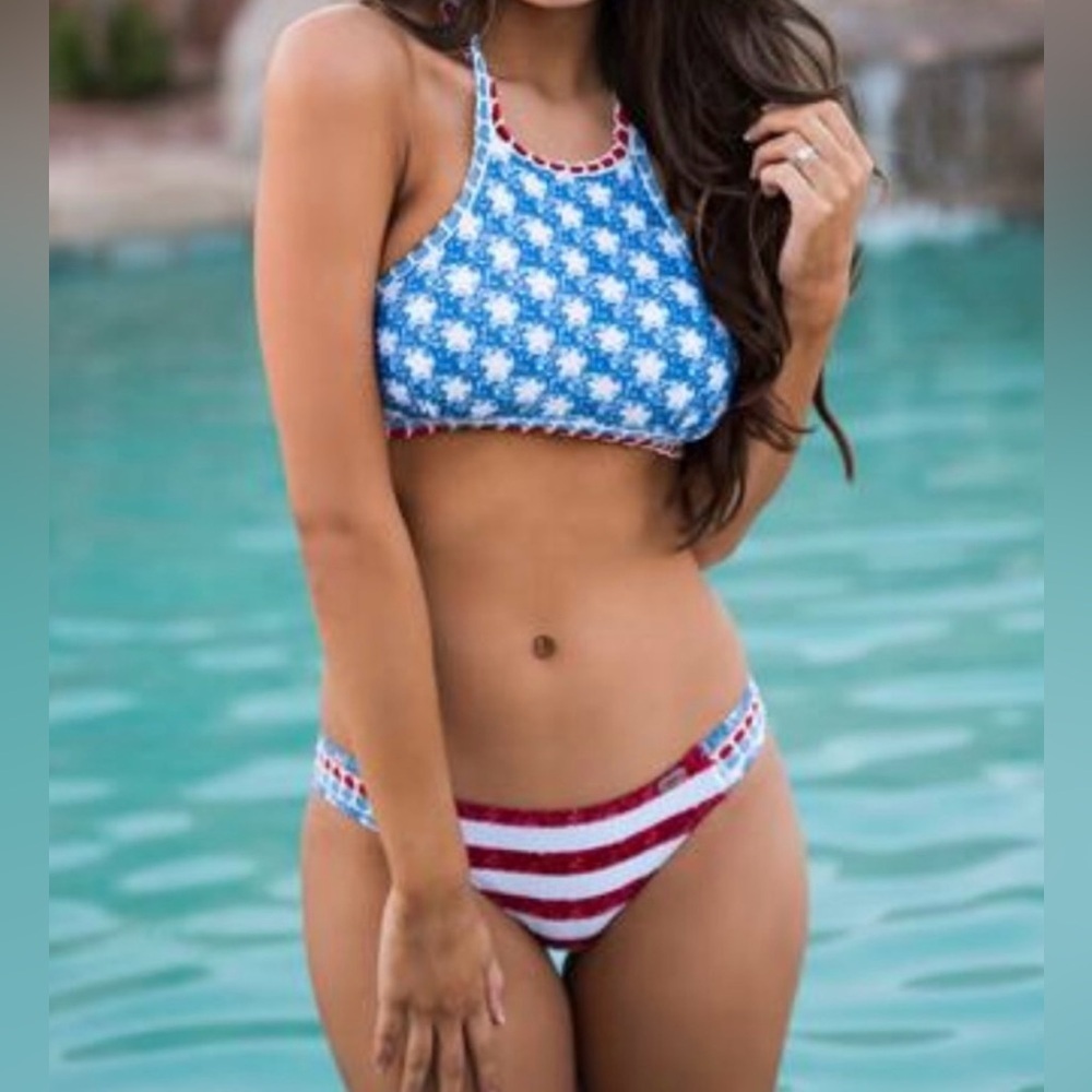 Heat USA Crochet-Trimmed American Flag halter Bikini red white blue July